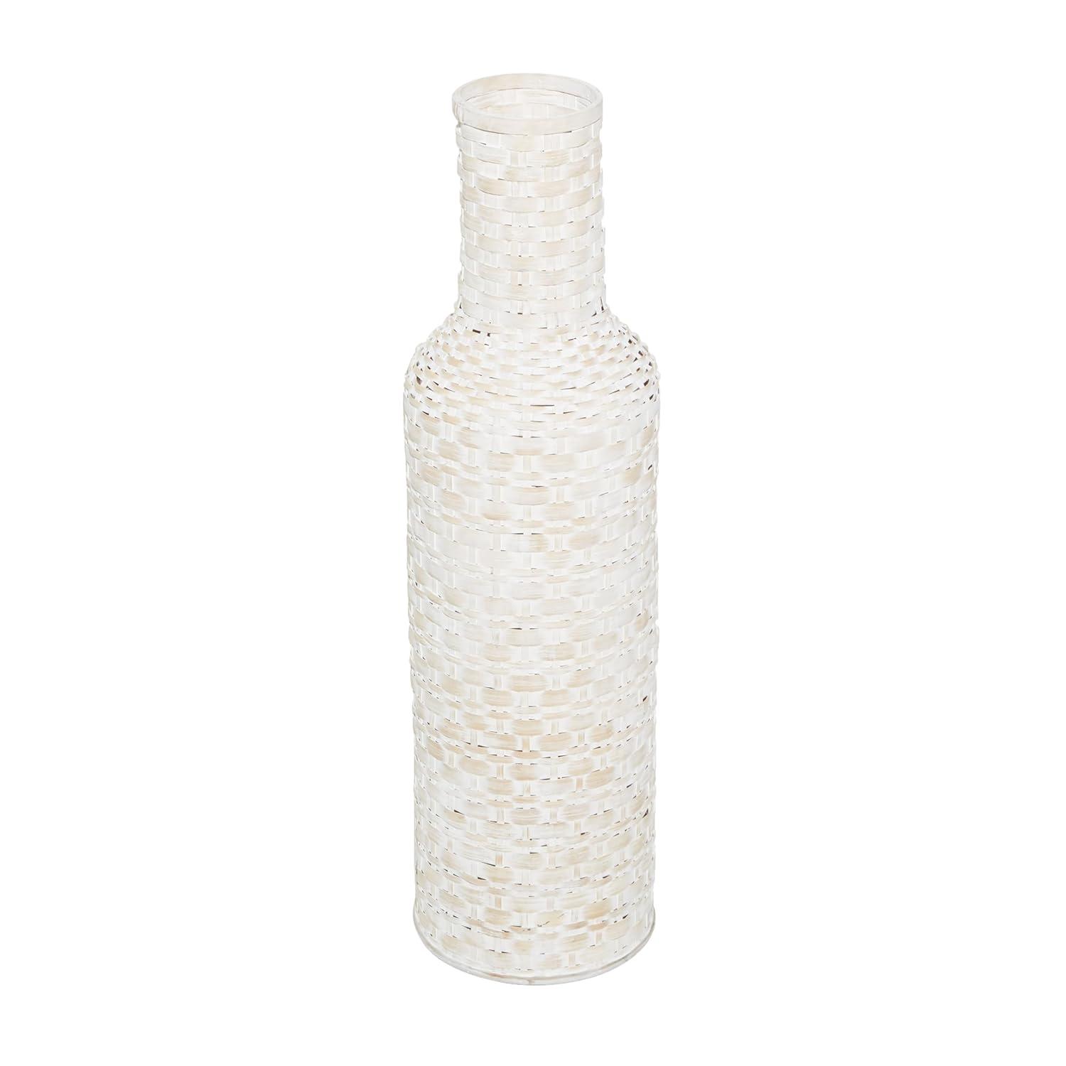 DecMode White  Bohemian Metal Vase with Distressed Weaving Pattern, 9" x 9" x 30", Features Neutral Woven Patterns