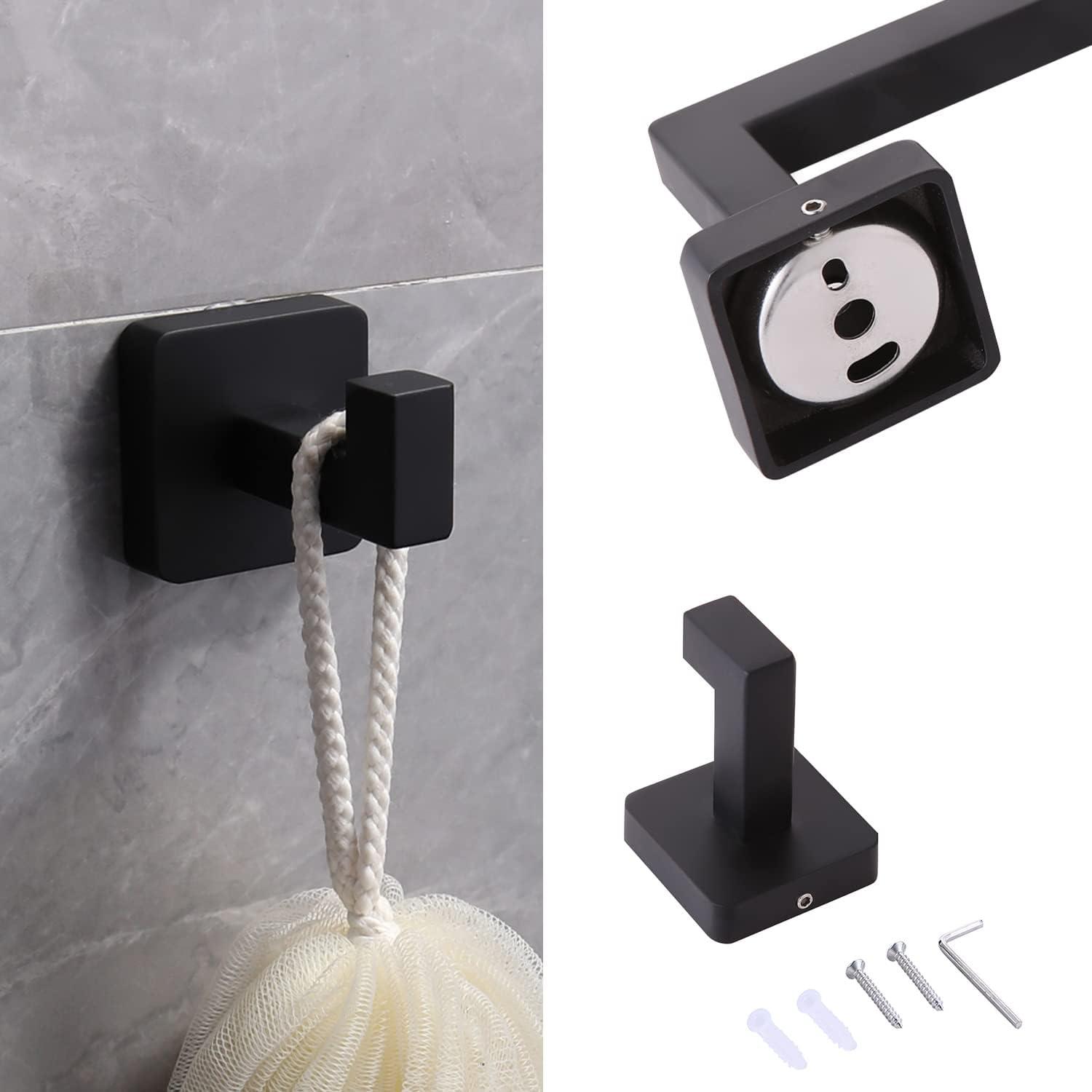 Matte Black Bathroom Hardware Set,5-Piece Towel Racks for Bathroom 23.6" Wall Mount Bathroom Accessories Include Towel Bar,Towel Rack Ring,Toilet Paper Holder,2*Robe Hook