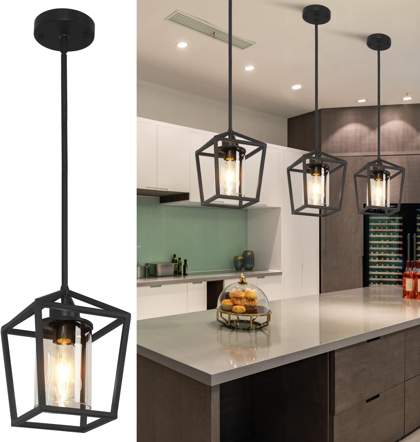 Black Iron Cage Pendant Light with Clear Glass Shade