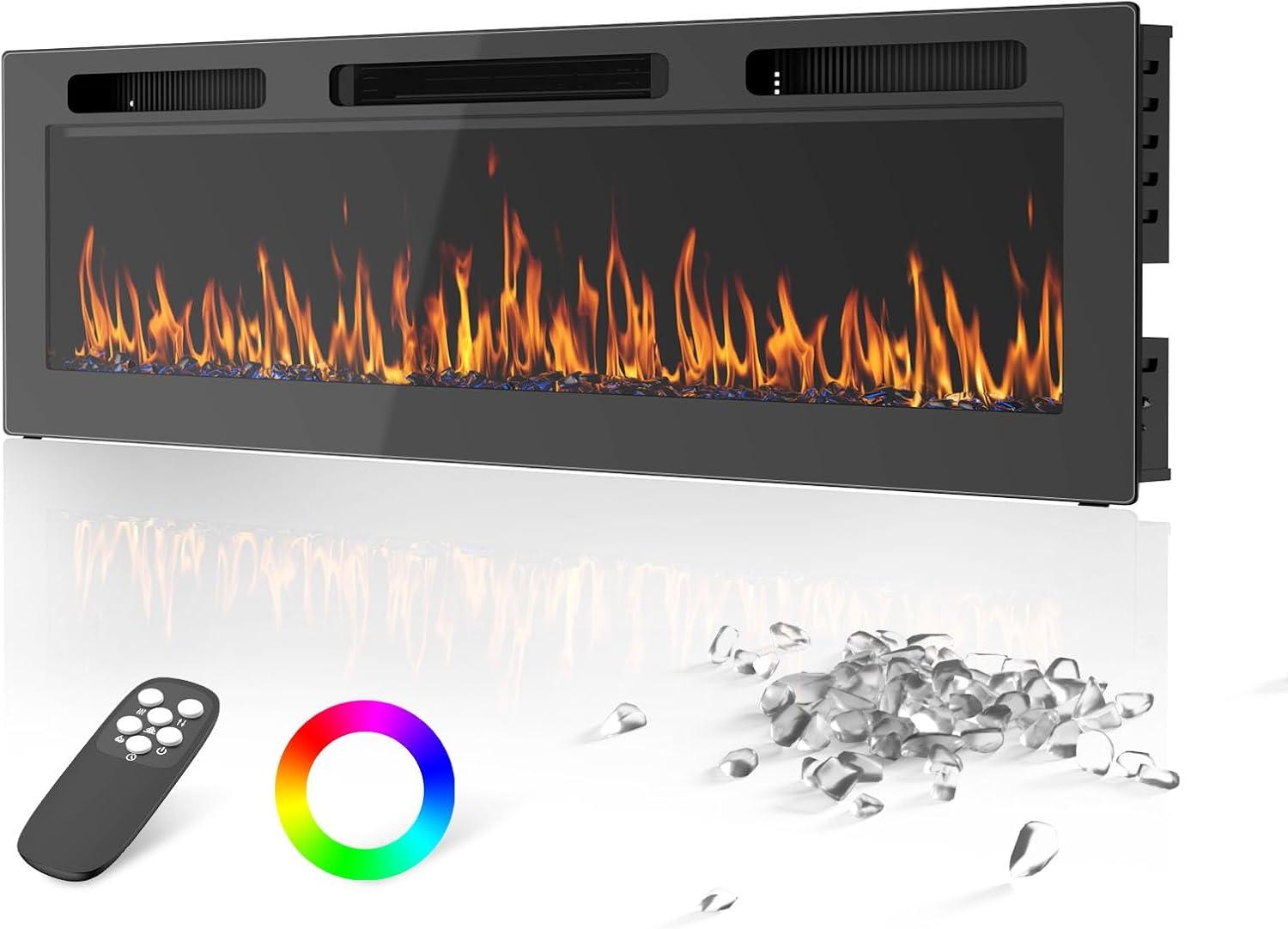 Ultra-Thin Black Glass Wall Mounted Electric Fireplace 50 Inch