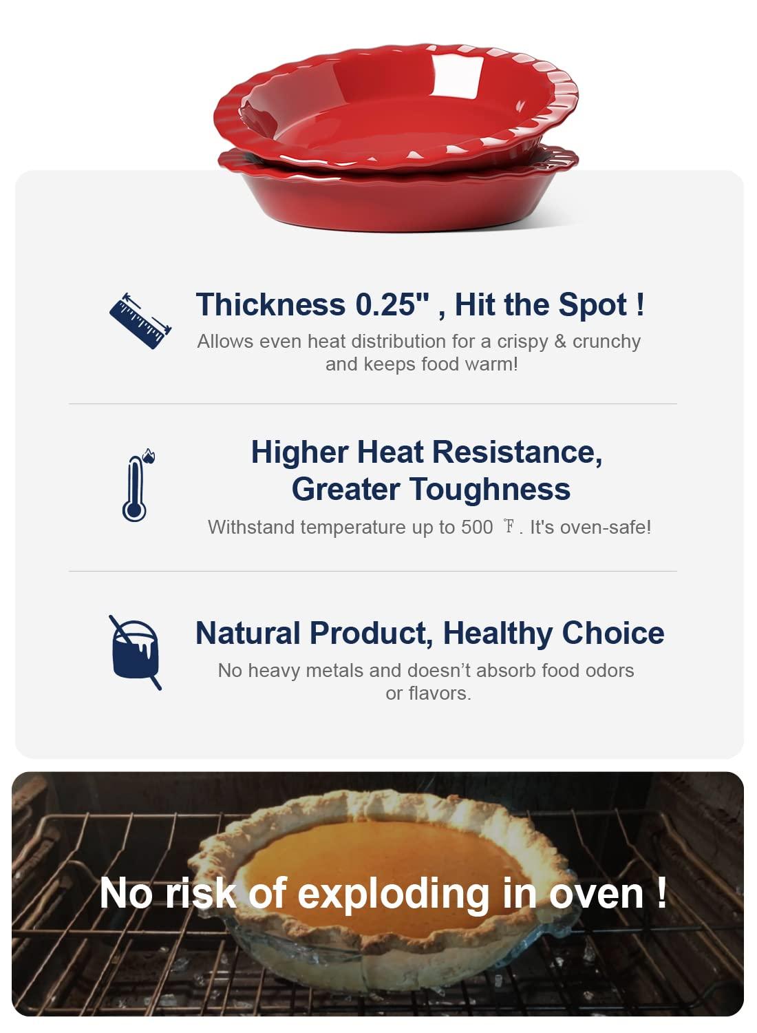 LE TAUCI Ceramic Pie Pans for Baking, 9 Inches Pie Plate for Apple Pie, Pecan Pie, 36 Ounce Deep Dish Pie Pan, Set of 2, Red