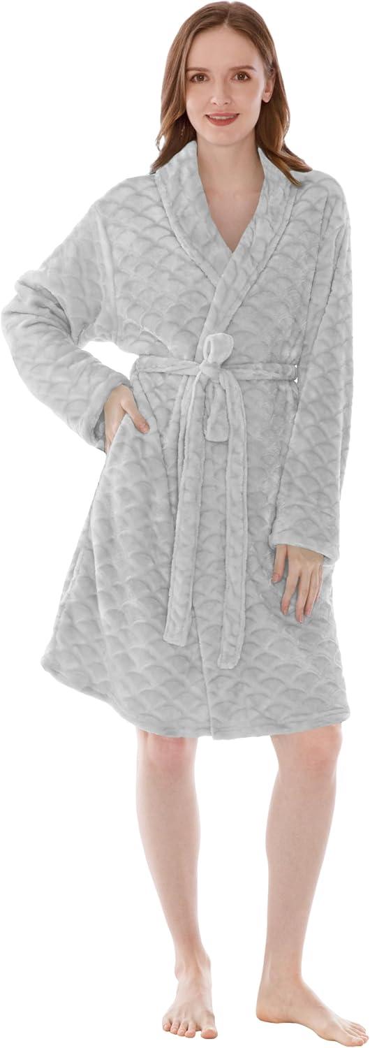 PAVILIA Short Robes for Women, Plush Soft Bathrobe Womens Lightweight, Fluffy Fuzzy Robe Knee Length, Shower Spa (Light Grey, Small-Medium)
