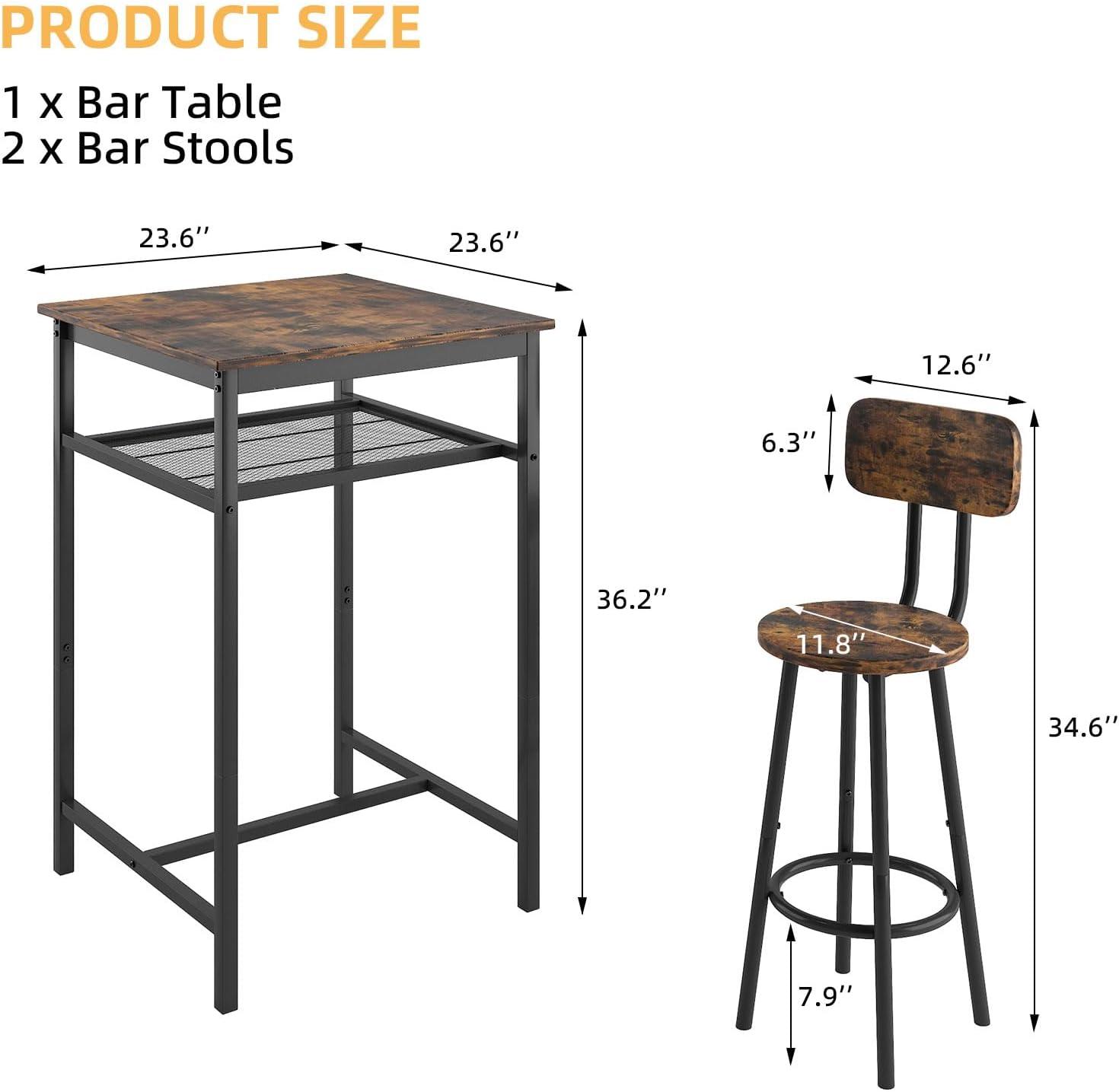 HSUNNS 3 Piece Pub Dining Set, Modern Square Bar Table and Stools with Backrest for 2, Kitchen Counter Height Wood Top Bistro for Breakfast Nook Living Room Apartment Small Space Restaurant, Brown