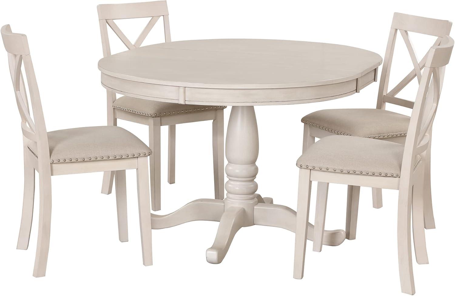 Antique White Round Dining Table Set with 4 Chairs