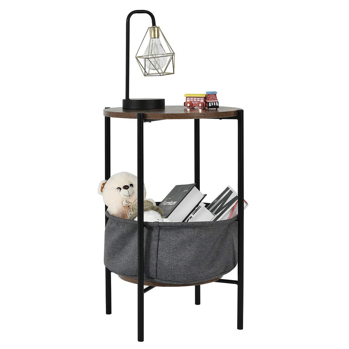 Round End Table Sofa Side Table Compact Table w Fabric Basket