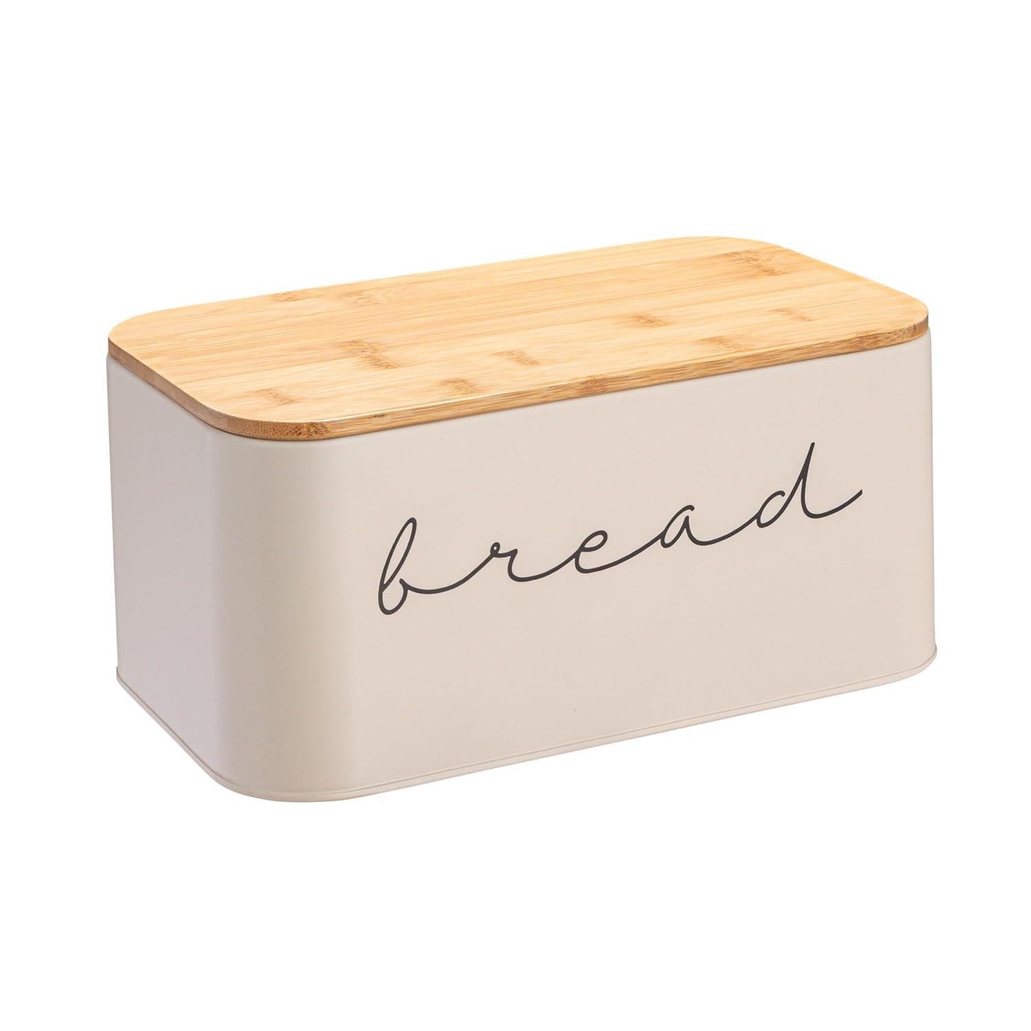 Storied Home Metal "bread" Bin with Bamboo Lid, Cream
