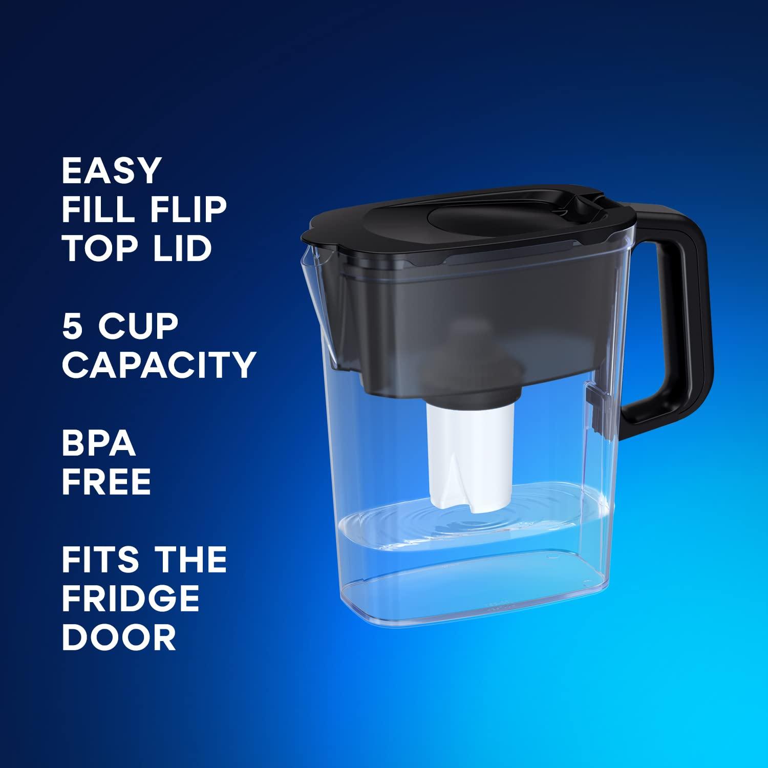 AQUAPHOR Compact 5-Cup Water Filter Pitcher - Black with 1 x B15 Filter - Fits in the Fridge Door - Reduces Limescale and Chlorine - Ideal for Five Cups