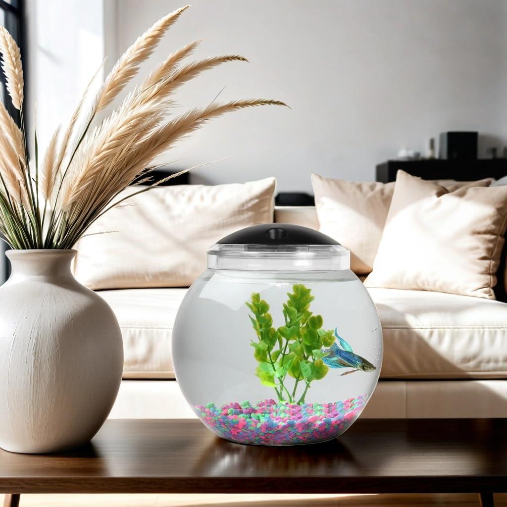 Koller Products 1-Gallon Globe Fish Bowl, Impact- Resistant Plastic Aquarium Starter Kits with LED Lighting, Buit-in Timer, Crystal-Clear Clarity, Desktop Fish Tank for Home Décor