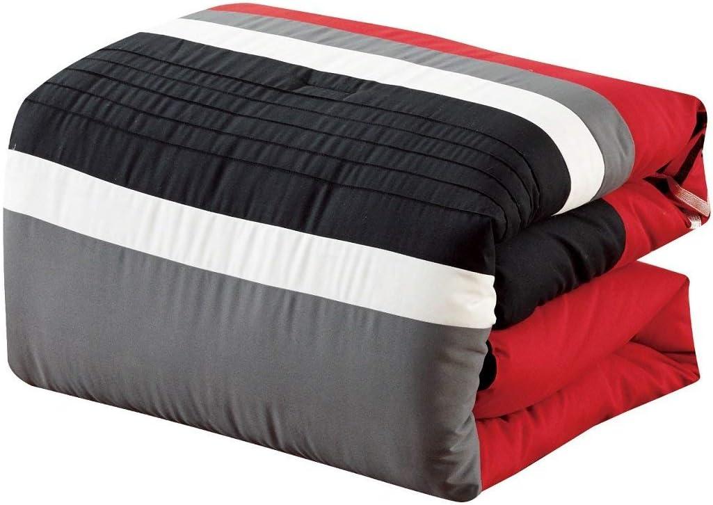 Chezmoi Collection Arden 7-Piece Modern Pleated Stripe Embroidered Zigzag Bedding Comforter Set (Queen, Red/Black/Gray/Off-White)