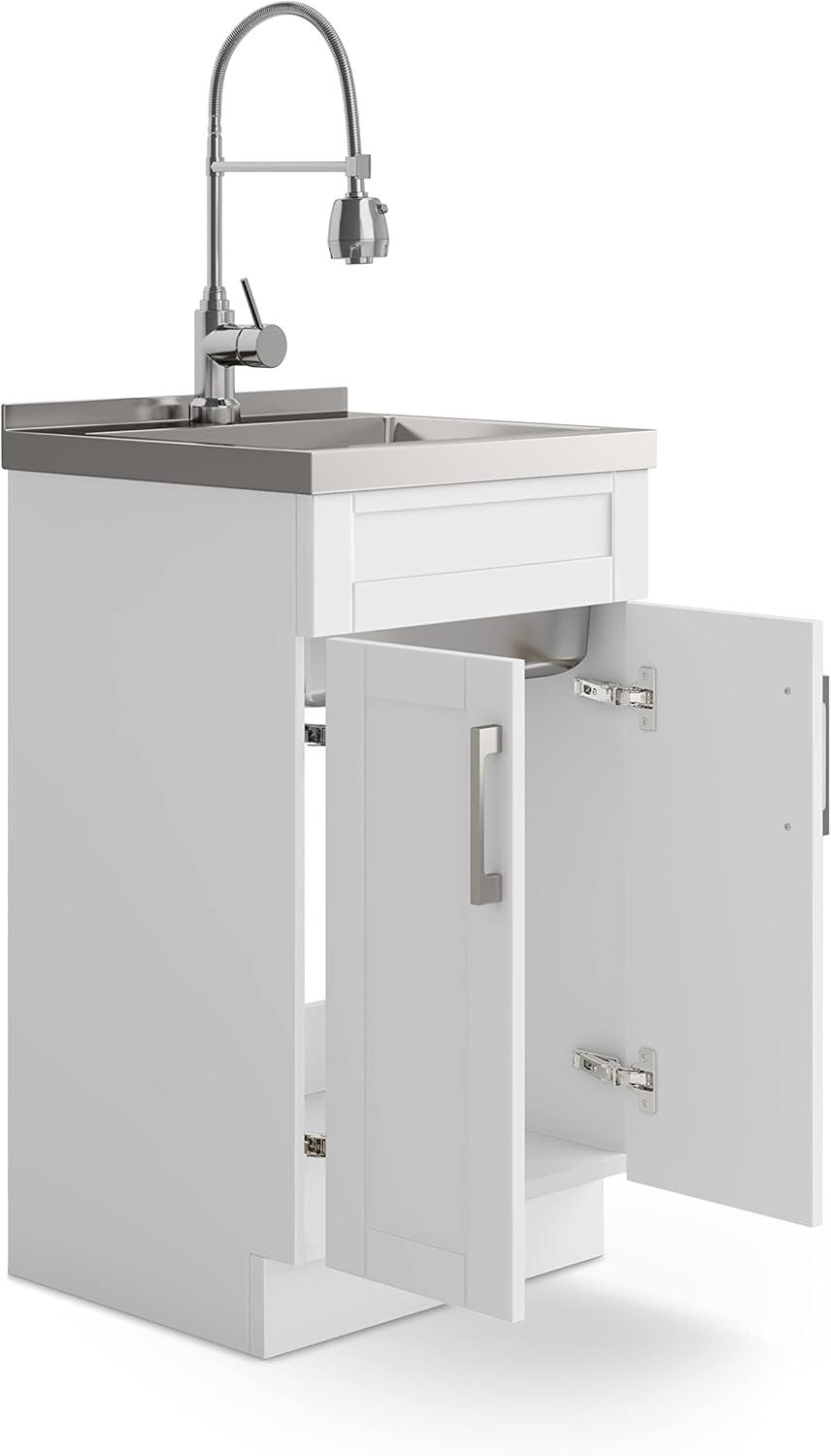 Transitional 20 inch Deluxe Laundry Cabinet with Faucet and Stainless Steel Sink in White