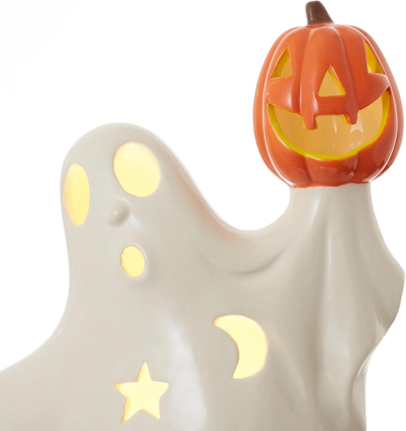 Pre-Lit Ceramic Halloween Ghost Holding Pumpkin Hand-Painted Decor