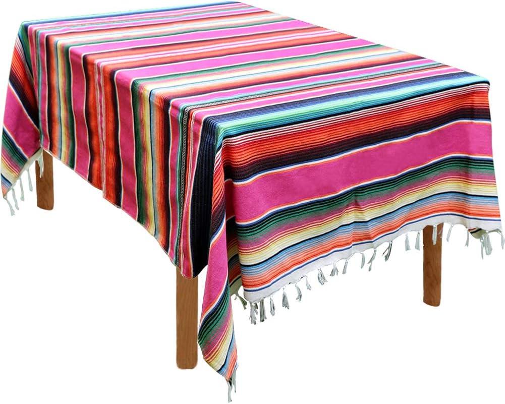 Pink Mexican Serape Cotton Tablecloth with Tassels