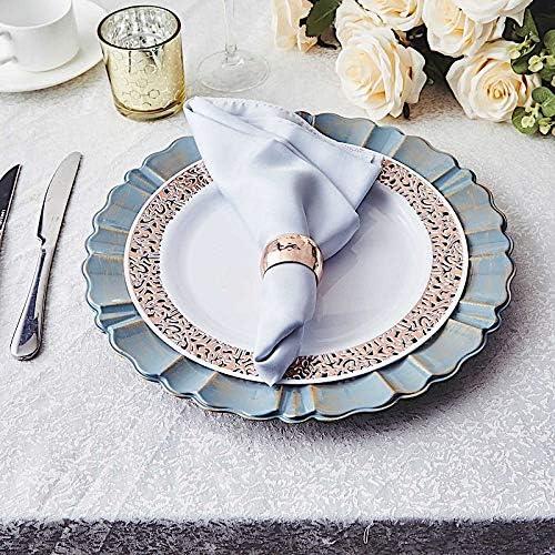 BalsaCircle 6 Dusty Blue Gold 13" Acrylic Wooden Textured Round Scalloped Trim Plastic Charger Plates