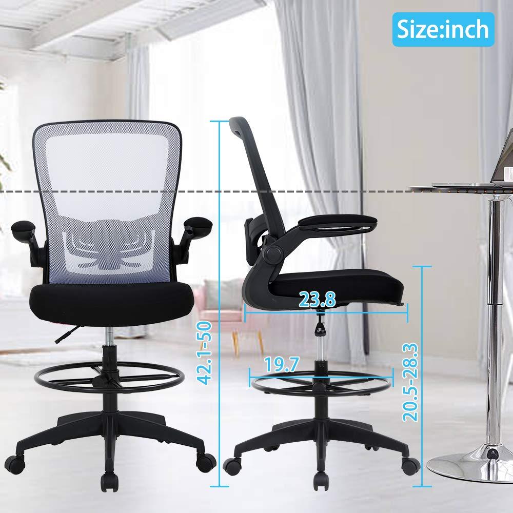 Drafting Chair Tall Office Chair Adjustable Height with Lumbar Support Flip Up Arms Footrest Mid Back Task Mesh Desk Chair Computer Chair Drafting Stool for Standing Desk, Black
