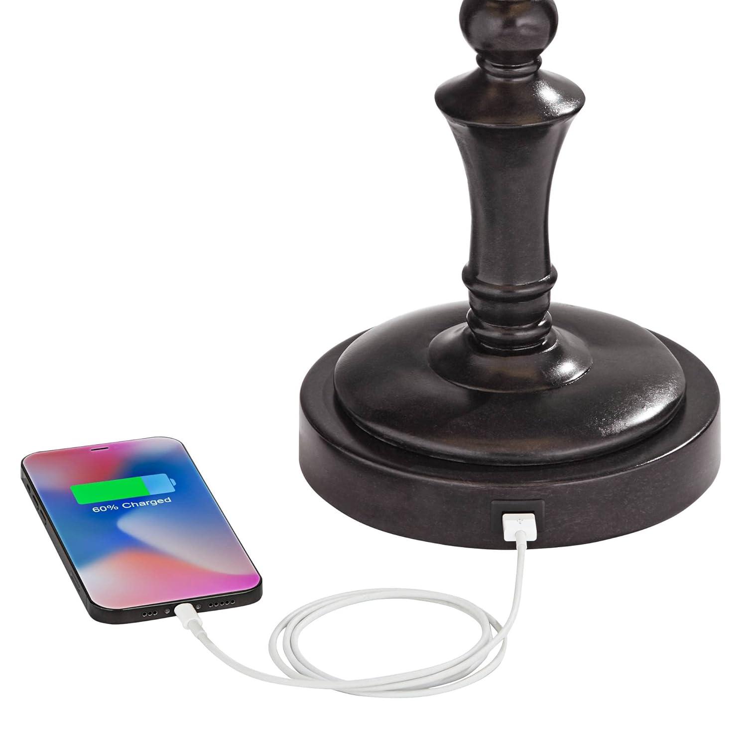 Regency Hill Traditional Desk Table Lamp Swing Arm with Hotel Style USB Charging Port 21.75" High Bronze Metal Faux Leather Bell Shade for Bedroom