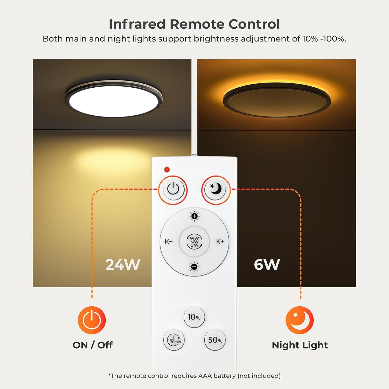 Roomratv Flush Mount Ceiling Light Fixture with Remote Control, Nightlight Warm 3000K, Hardwired 12Inch 28W Round, 3000K-6500K Light Color Changeable, Brightness Adjustable