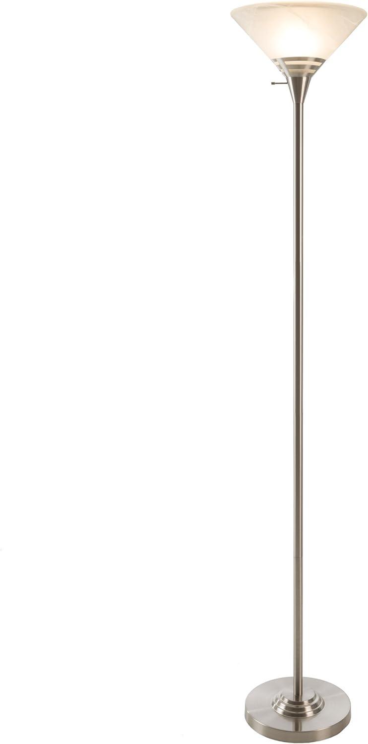 Torchiere Floor Lamp-Standing Light with Sturdy Metal Base & Marbleized Glass Shade-Energy Saving LED Bulb - Brushed Silver