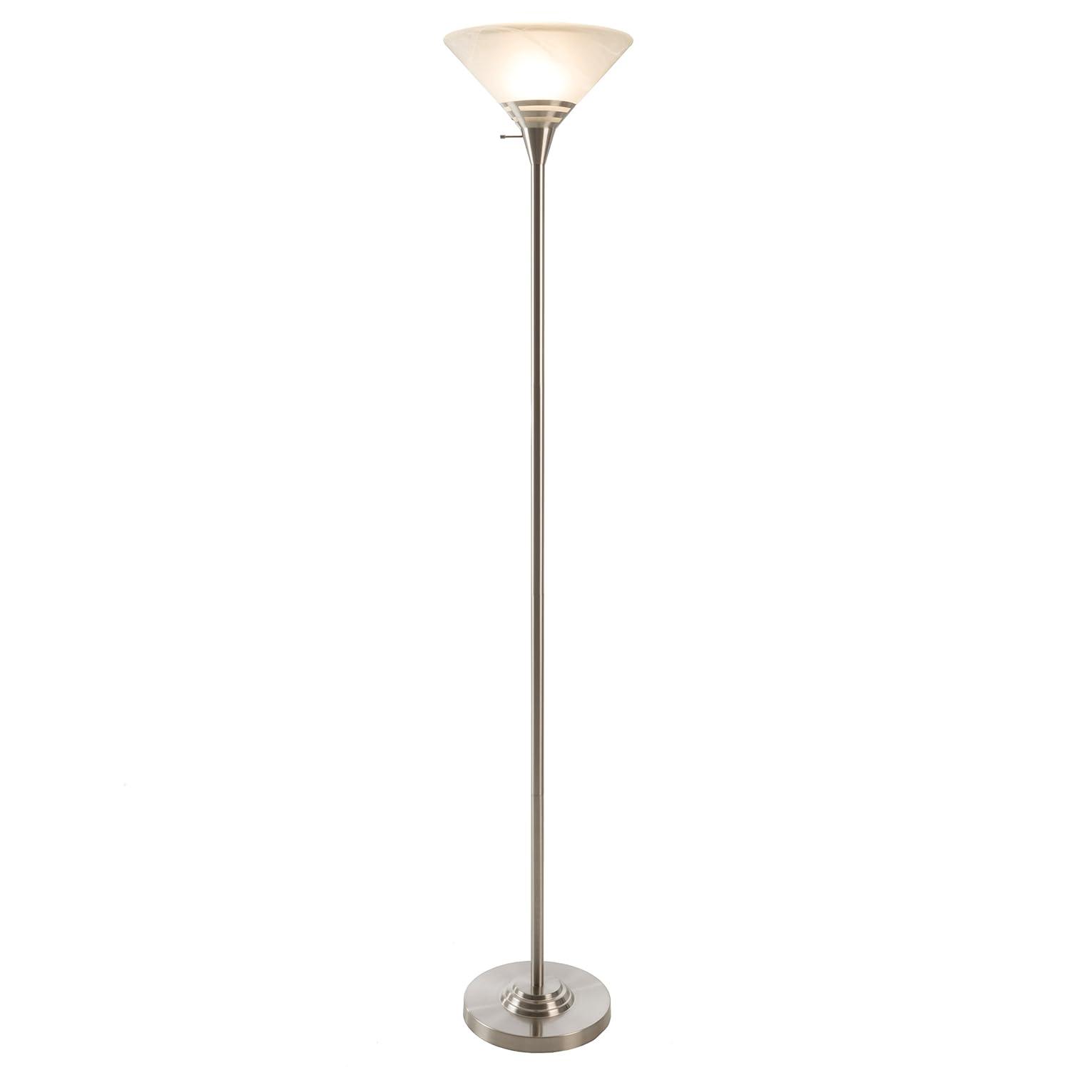 Torchiere Floor Lamp-Standing Light with Sturdy Metal Base & Marbleized Glass Shade-Energy Saving LED Bulb - Brushed Silver