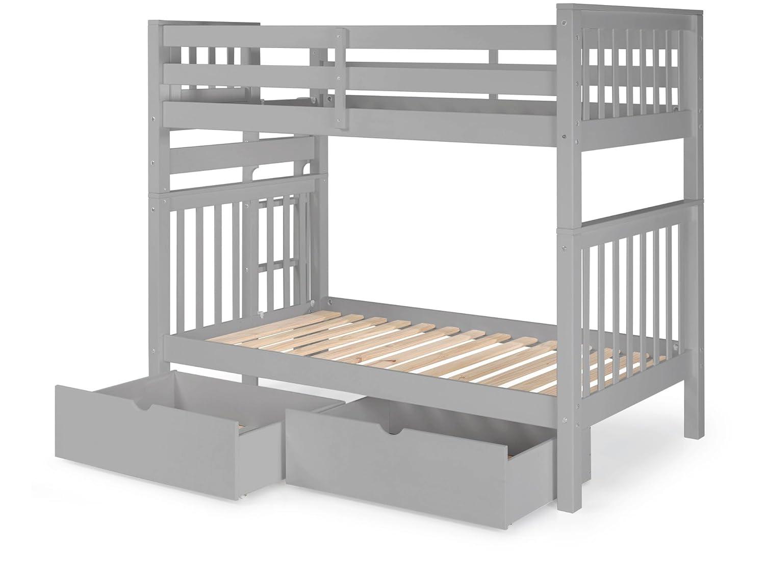 Bedz King Tall Bunk Beds Twin over Twin Mission Style with End Ladder and 2 Under Bed Drawers, Gray