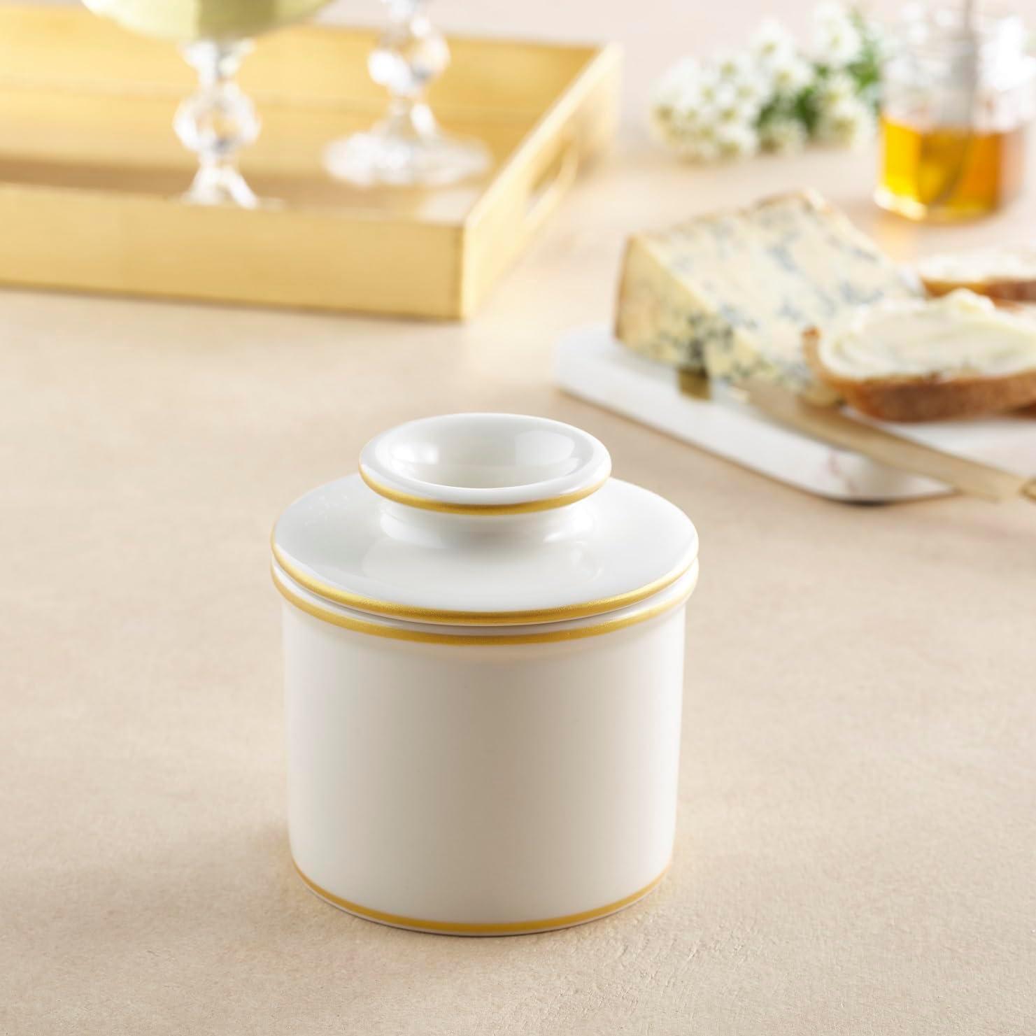 The Original Butter Bell® Crock By L. Tremain - French Butter Crock For Spreadable Soft Butter, Ceramic Butter Keeper for Counter, White with Gold Trim Butter Holder, 1 Piece, 3.94 x 3.94 x 4.14