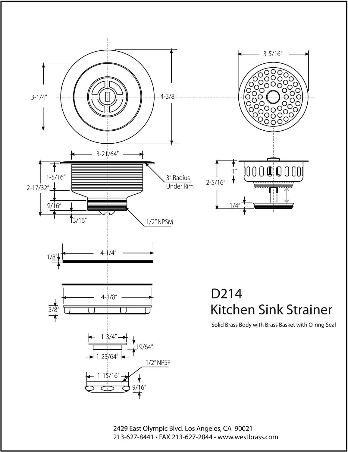 Westbrass Solid Brass Style Kitchen Sink Basket Strainer D214-12A