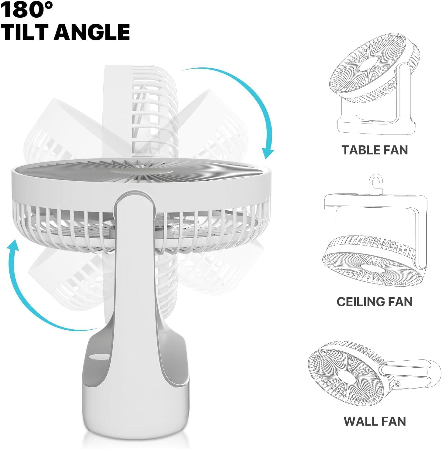 mollie USB Rechargeable Desktop Fan, Wall Mounted Hanging Fan with LED Light and Hook, Speed Adjustable Air Cooler Fan For Home Bedroom, White
