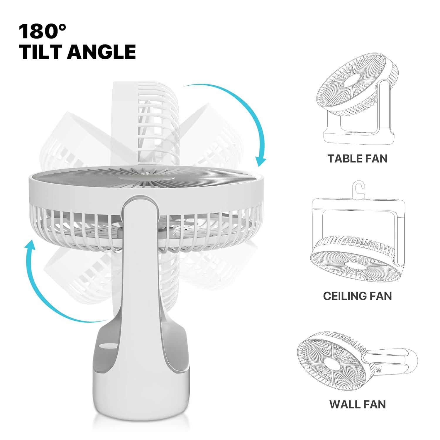 mollie USB Rechargeable Desktop Fan, Wall Mounted Hanging Fan with LED Light and Hook, Speed Adjustable Air Cooler Fan For Home Bedroom, White