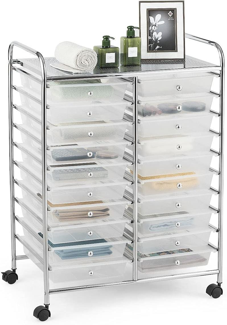 20-Drawer Organizer Cart Office School Storage Cart Rolling Drawer Clear