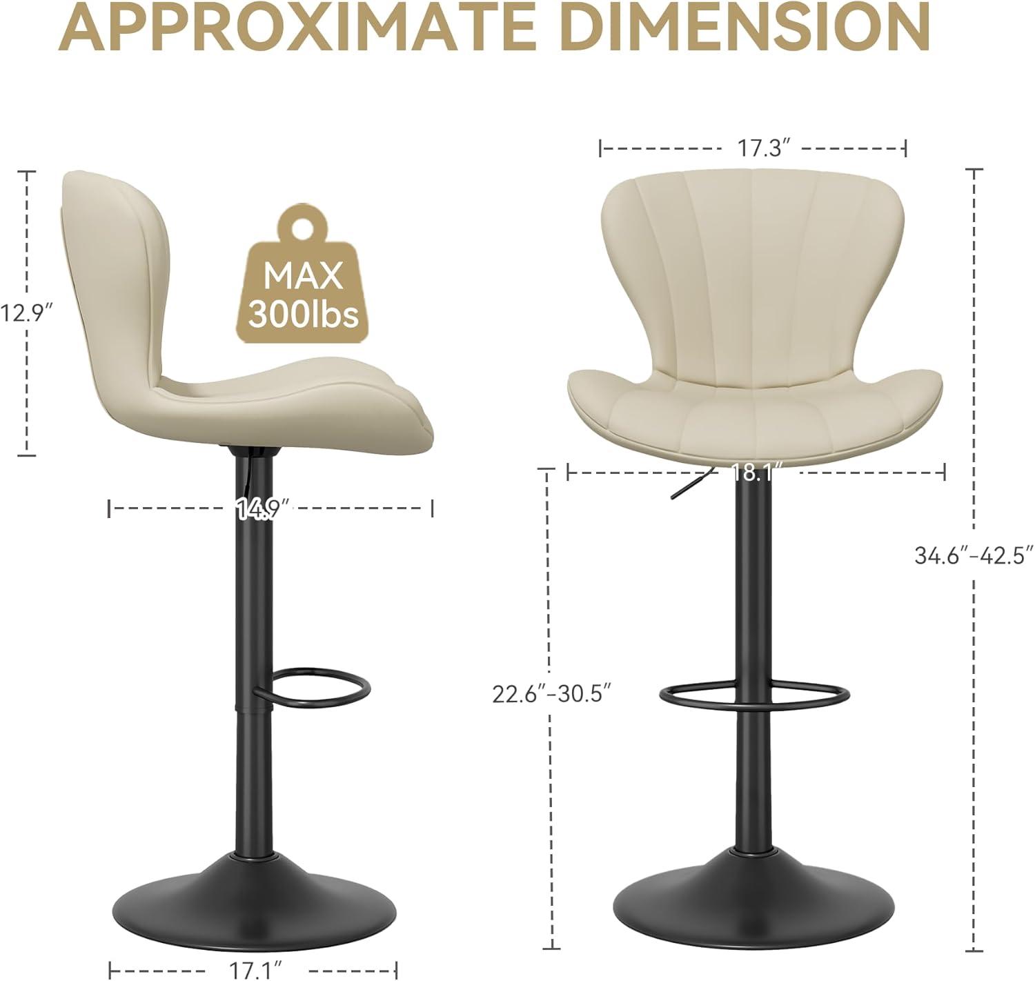 Modern Bar Stool Set of 2, Adjustable Faux Leather Upholstered Swivel Counter Stools, Counter Barstools with Back for Kitchen Island, Khaki