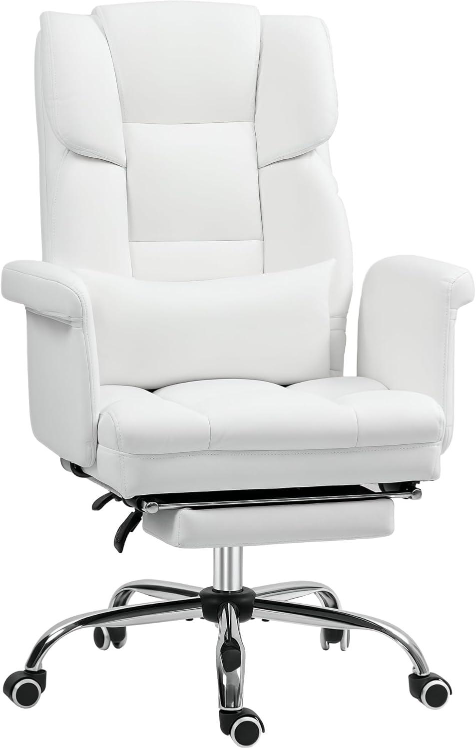 HOMCOM Executive Office Chair with Footrest and Lumbar Support, PU Leather Office Desk Chair, Ergonomic, Reclining and Swivel Chair, White