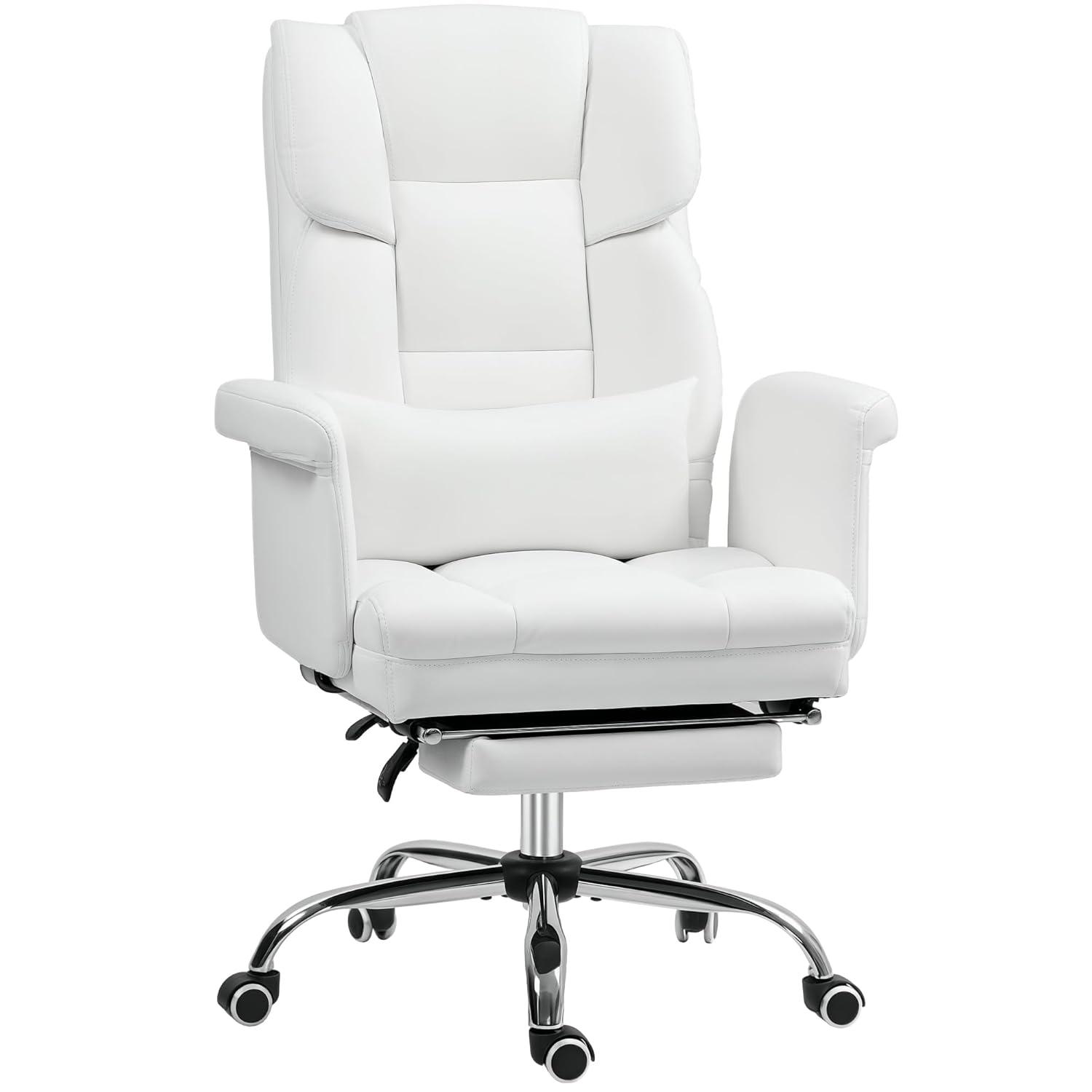 HOMCOM Executive Office Chair with Footrest and Lumbar Support, PU Leather Office Desk Chair, Ergonomic, Reclining and Swivel Chair, White