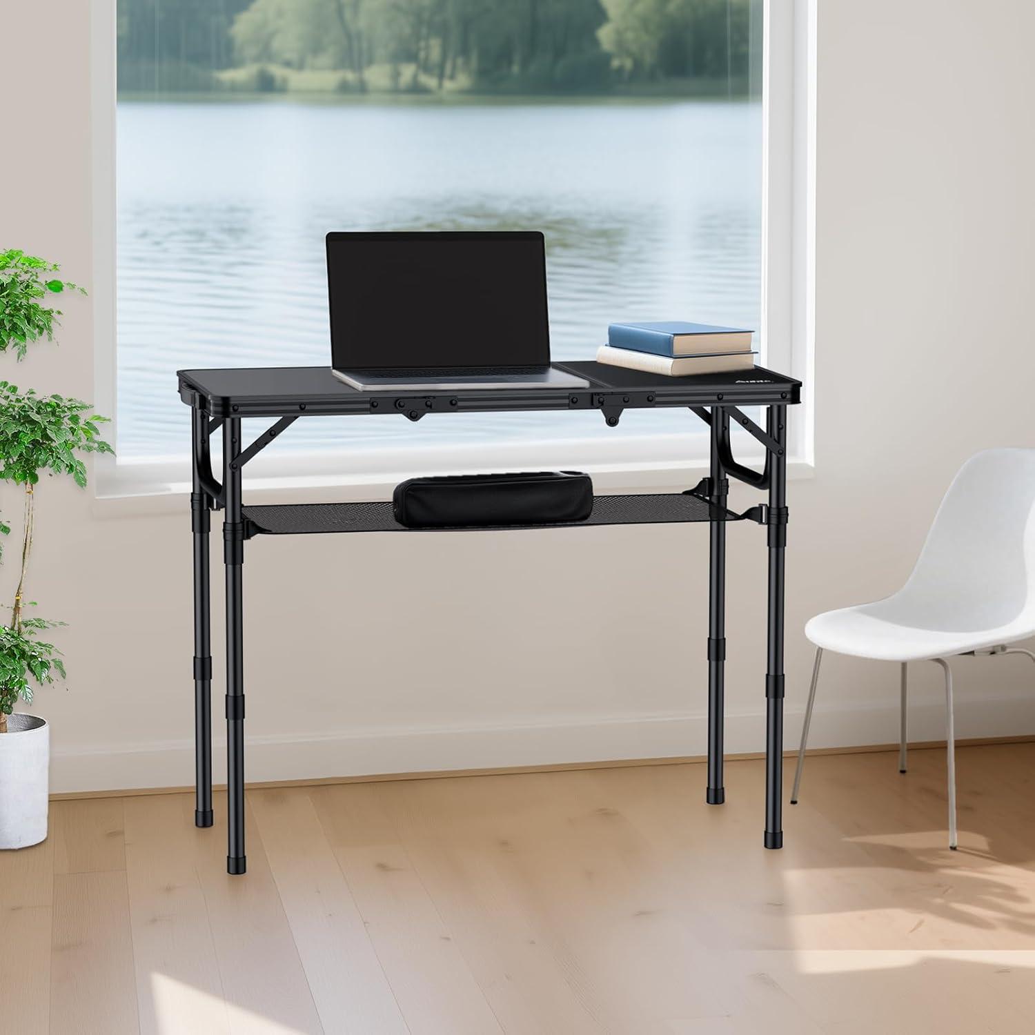 Black Aluminum Folding Camping Table with Adjustable Heights and Storage Net