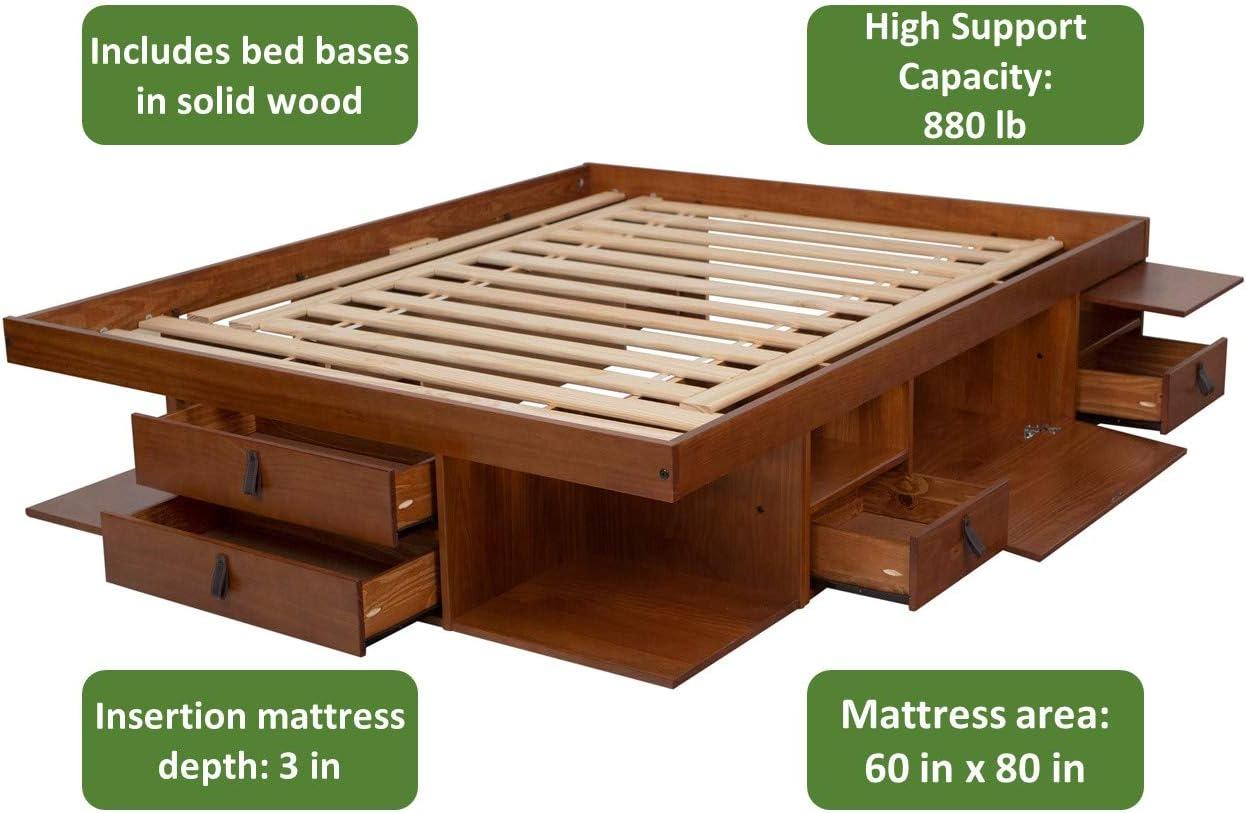 Memomad Bali Storage Platform Sturdy Modern Bed Frame with Drawers & More (Queen Size, Caramel Brown Wood)