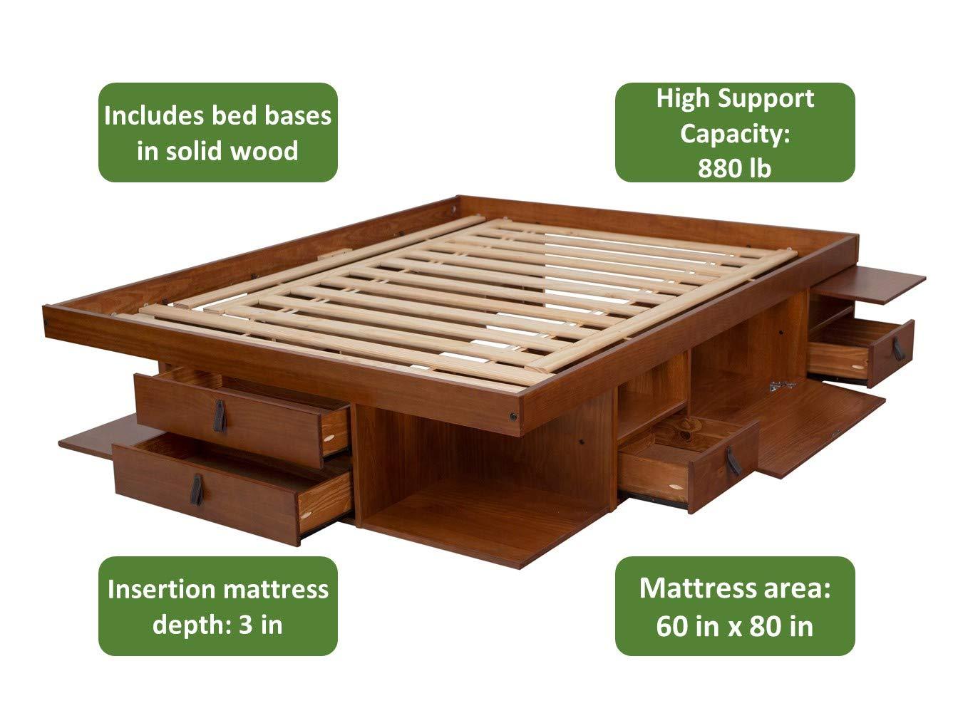 Memomad Bali Storage Platform Sturdy Modern Bed Frame with Drawers & More (Queen Size, Caramel Brown Wood)