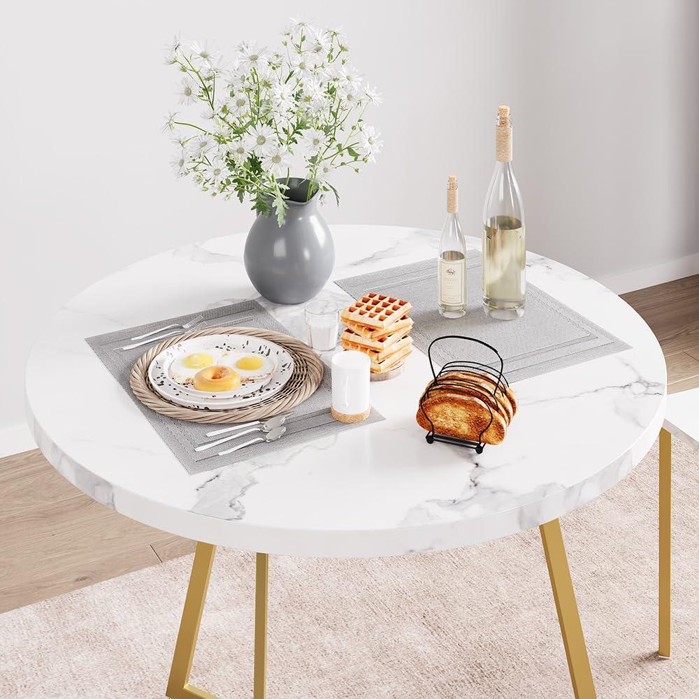 Marble White and Gold Round Dining Table Set for 2