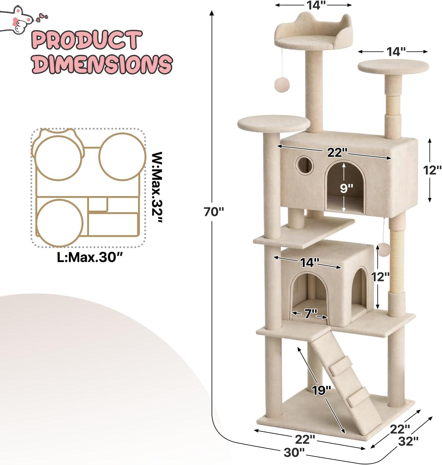 MoNiBloom Cat Tree Houses for Indoors, Multi-Level Cat Tree Tower, 70" Height（Beige）