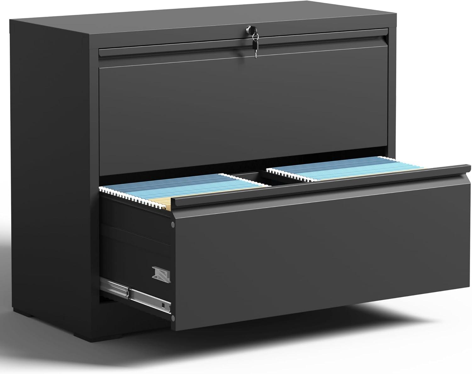 Black Steel 2-Drawer Lockable Lateral File Cabinet