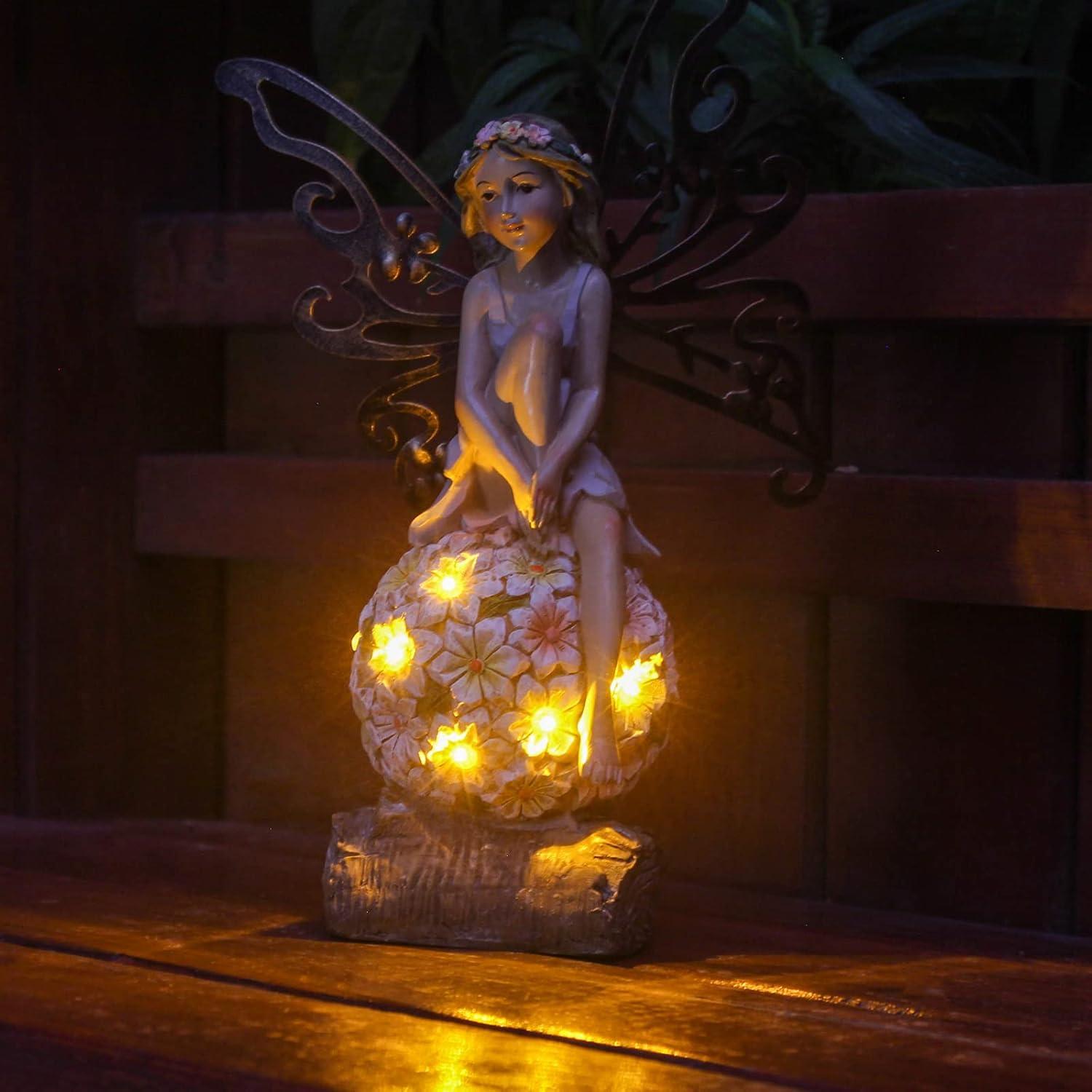 Solar Powered Resin Flower Fairy Garden Statue, 9.45 Inches Tall