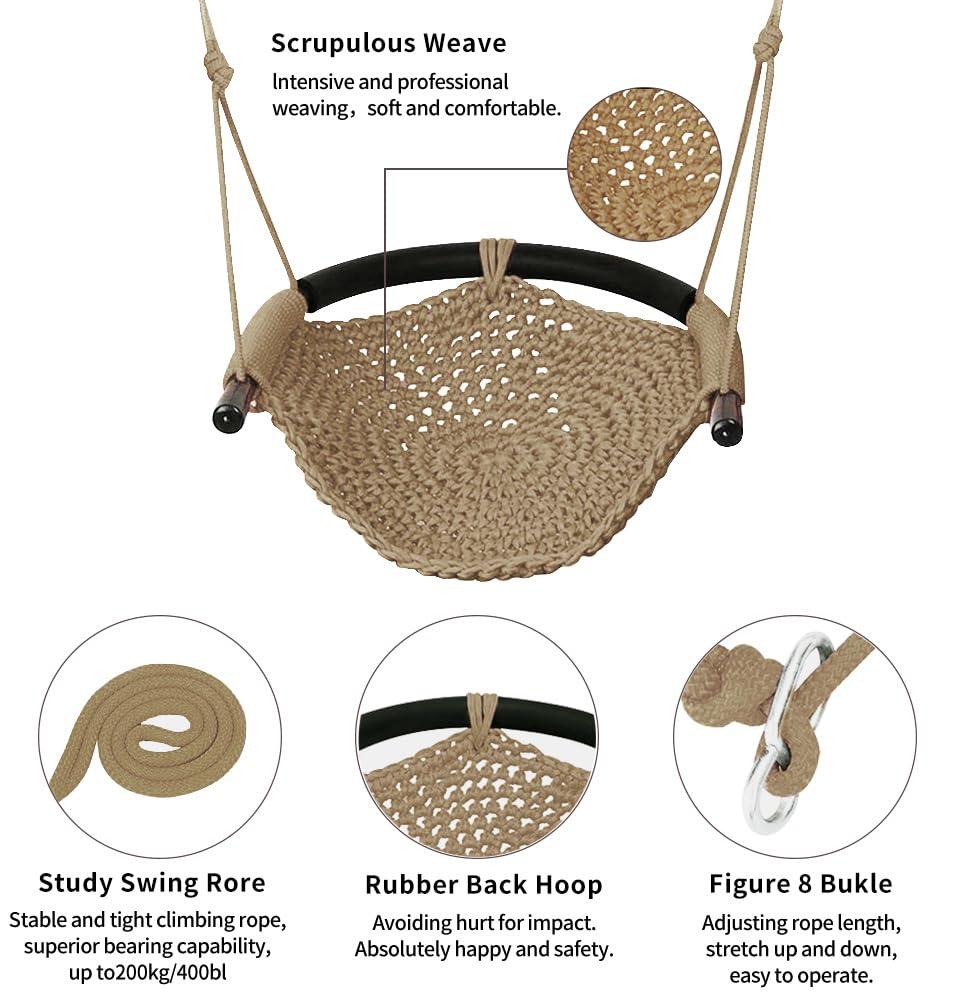 Hand-Knitting Toddler Swing, Swing Seat for Kids with Adjustable Ropes, Little tikes Swings Set, for Outdoor Indoor, Playground, Backyard (Light Brown)