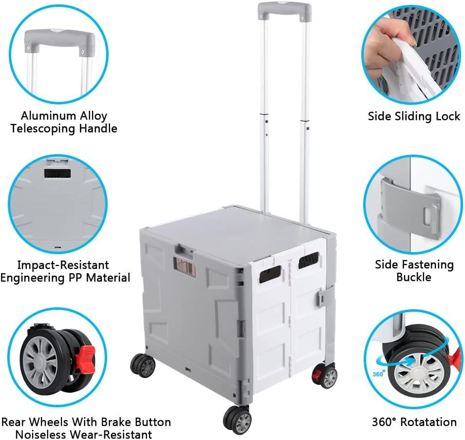 Folding Utility Cart Portable Rolling Crate Hand Truck Teacher Cart Heavy Duty Plastic Telescoping Handle Collapsible Hidden Lid Swivel Wheels for Travel Shopping Moving Office Use(Gray White)
