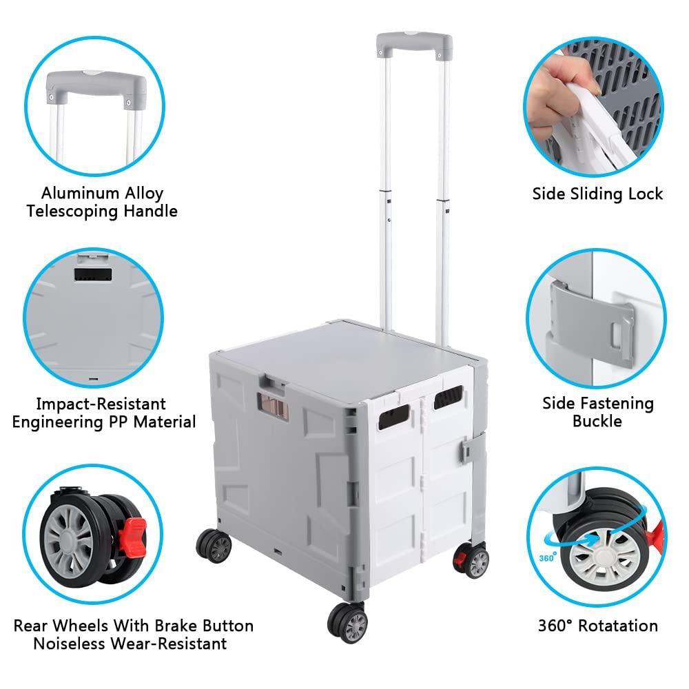 Folding Utility Cart Portable Rolling Crate Hand Truck Teacher Cart Heavy Duty Plastic Telescoping Handle Collapsible Hidden Lid Swivel Wheels for Travel Shopping Moving Office Use(Gray White)