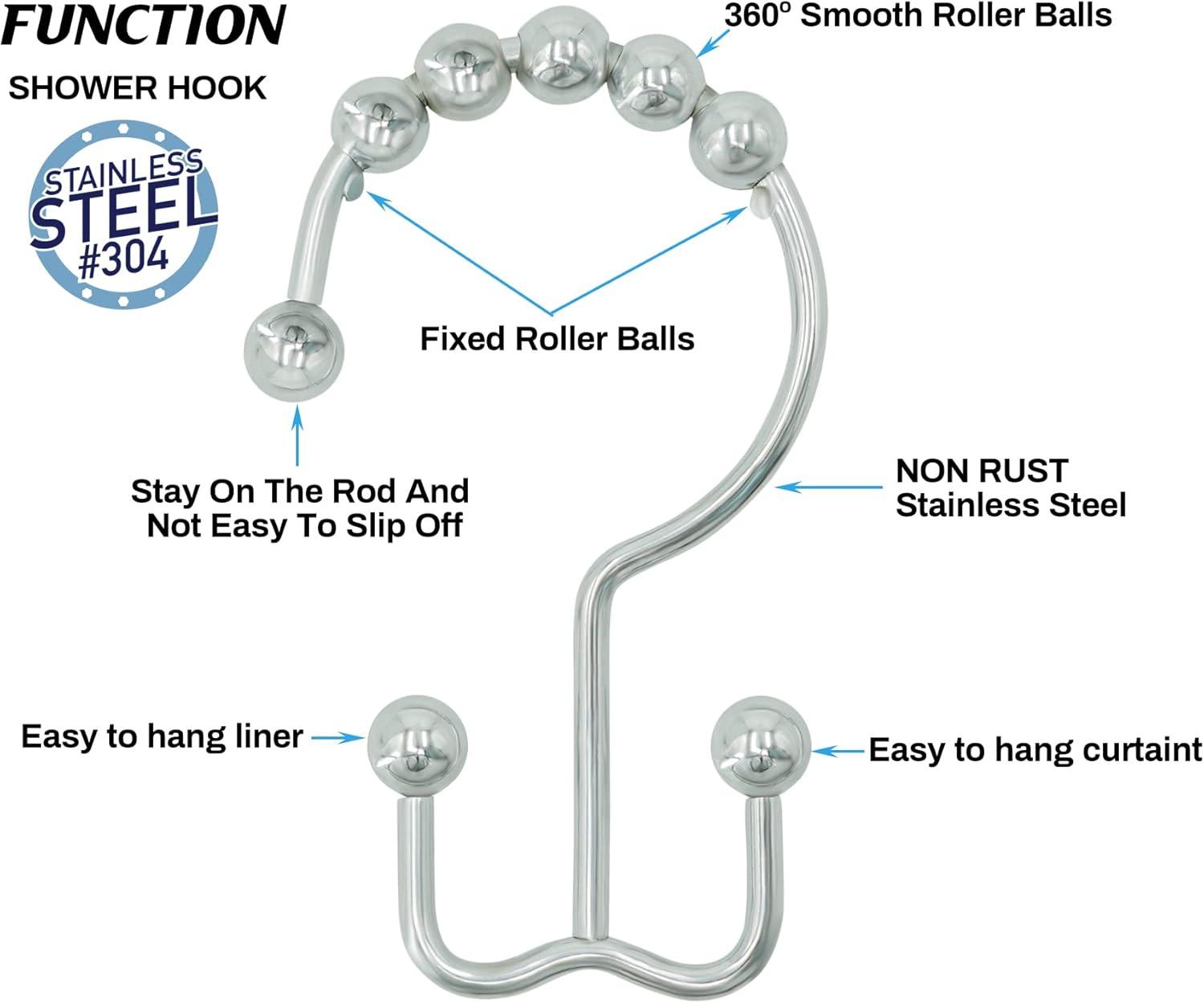 BloomFlower Chrome Shower Rod with 12 Hooks, Adjustable 43-72 inches,Rust Resistance,Tension Metal Rod,No Drill,Silver