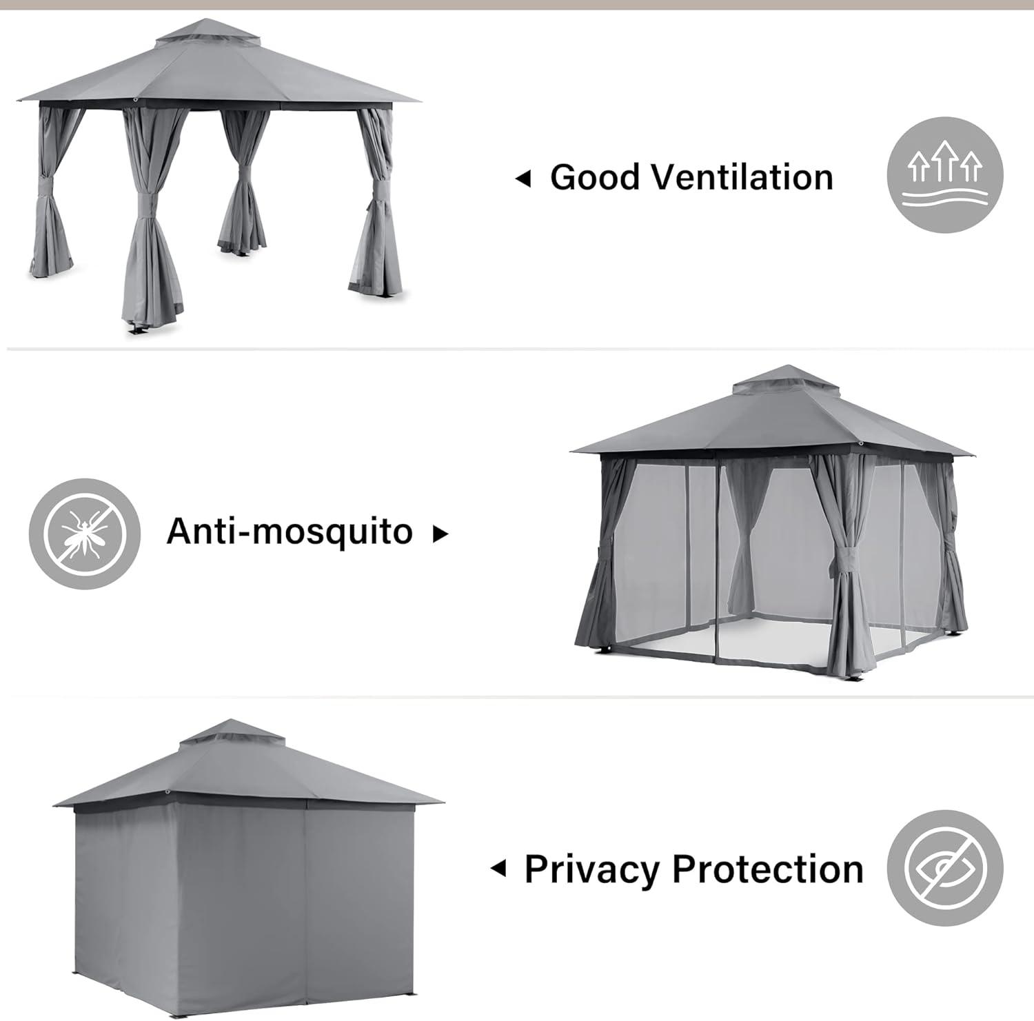 LAUSAINT HOME 10'x10' Patio Gazebo, Double Roof Outdoor Shelter Tent with Mosquito Nettings and Privacy Screens, Gray