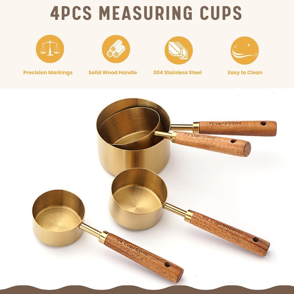 ODOMY 8Pcs Measure Cup and Spoon Set Gold Measuring Cup Spoon Set with Wooden Handle Stainless Steel Stackable Kitchen and Baking Measurement Kitchen Accessories for Home Kitchen Party