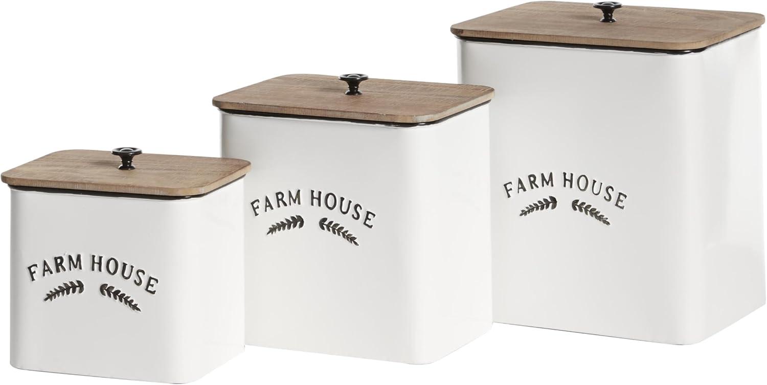 DecMode Farmhouse White Metal Canisters with Natural Brown Lid, Set of 3 11" , 9", 7"H