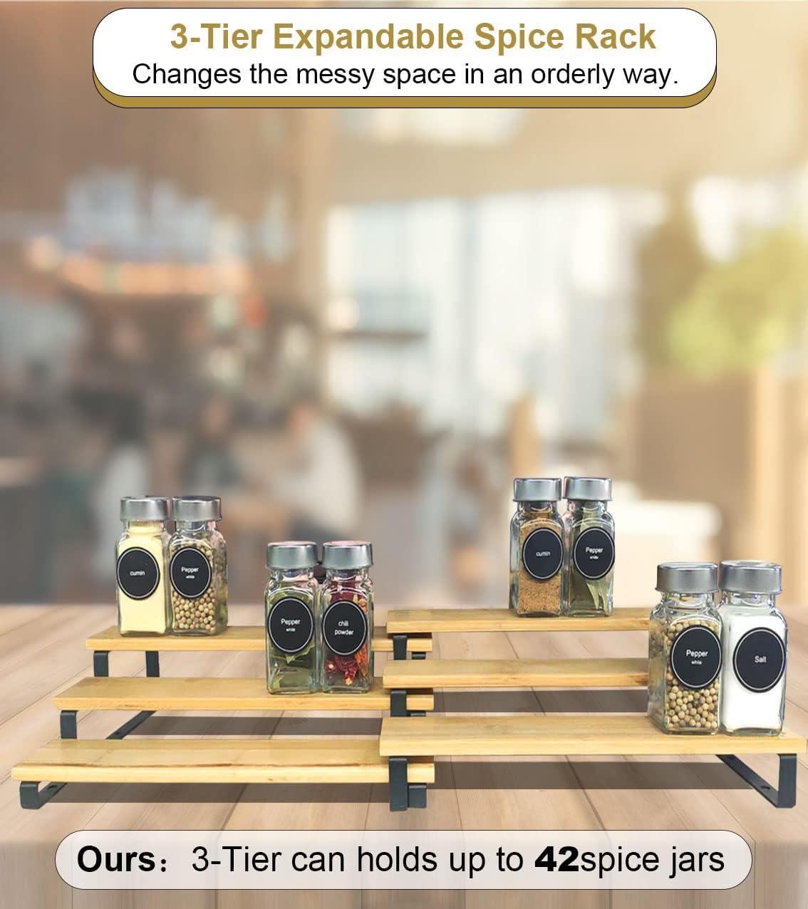 3 Tier Expandable Bamboo Spice Rack Cabinet Step Shelf Organizer for Kitchen Pantry Countertop Cupboard