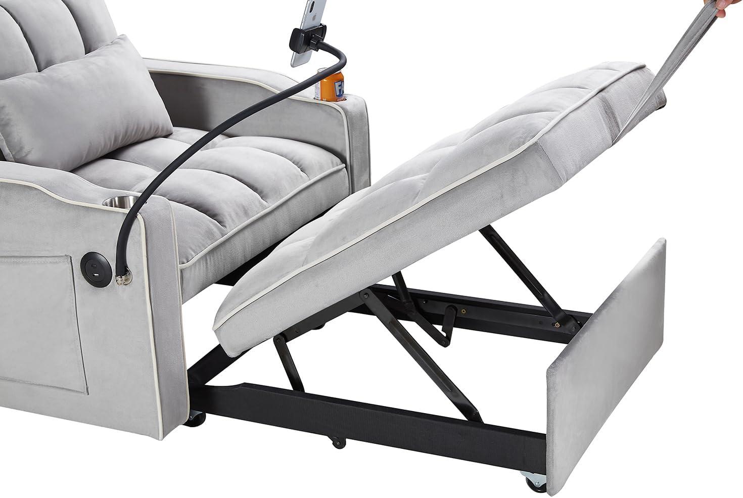 3 in 1 Convertible Sleeper Chair Bed with USB Ports, Cup Holder and Phone Stand, Velvet Pull Out Futon Sofa Beds, Adjustable Backrest Single Sofa Chair for Small Spaces, Living Room, Office (Gray)