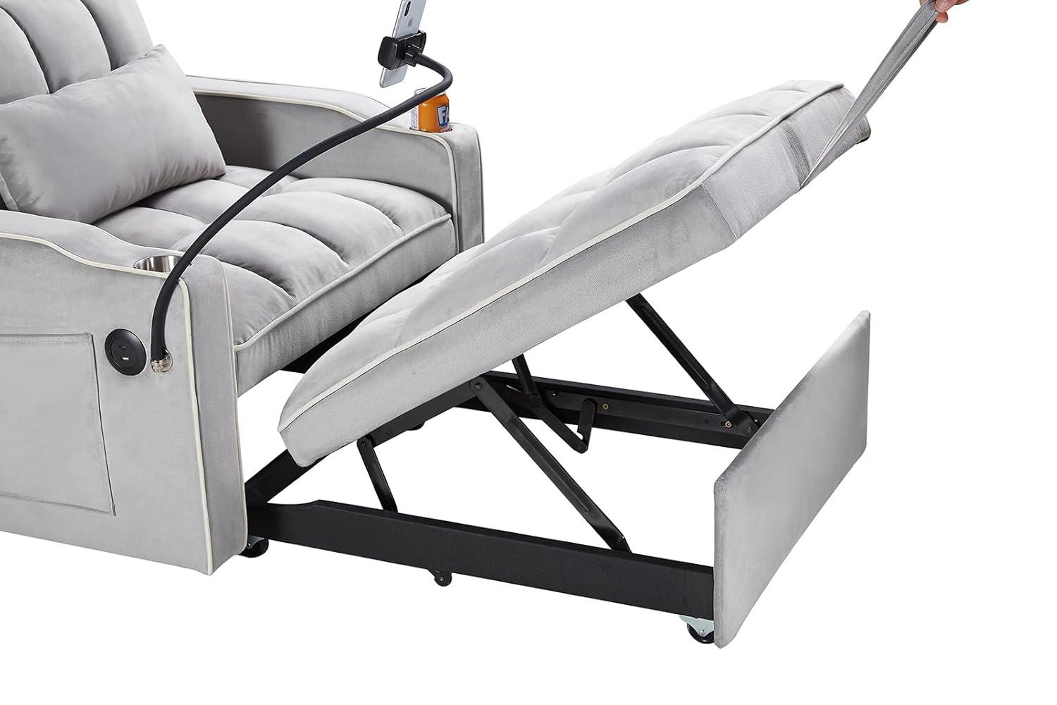 3 in 1 Convertible Sleeper Chair Bed with USB Ports, Cup Holder and Phone Stand, Velvet Pull Out Futon Sofa Beds, Adjustable Backrest Single Sofa Chair for Small Spaces, Living Room, Office (Gray)
