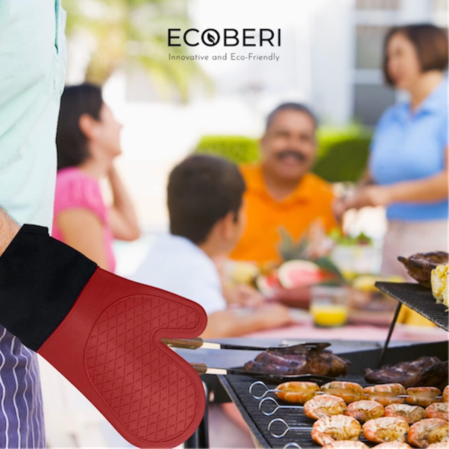 Ecoberi Silicone Oven Mitts and Pot Holder Set, Heat Resistant, Cook, Bake, BBQ, Pack of 3 Cherry