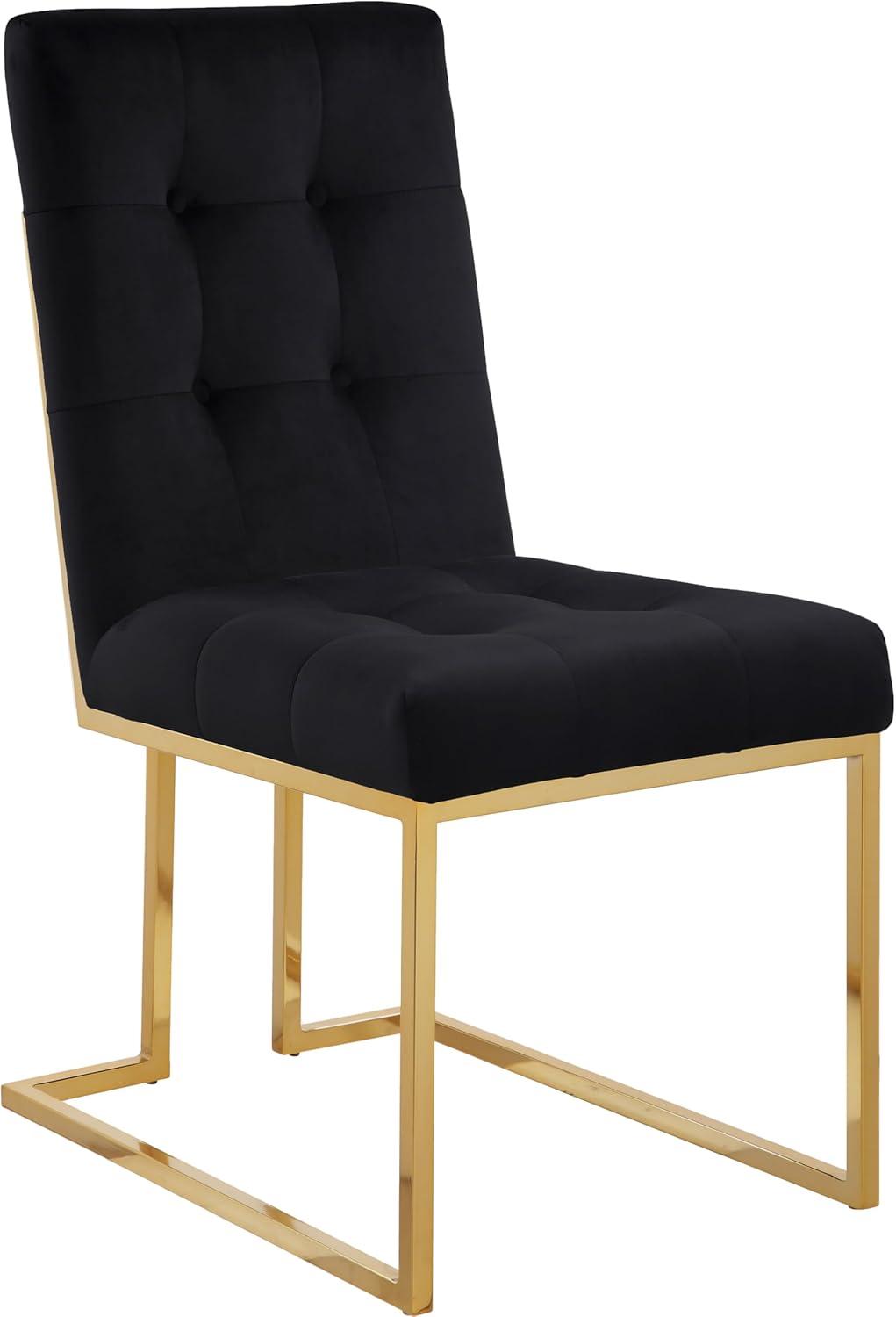 Meridian Furniture Pierre Collection Modern | Contemporary Velvet Dining Chair with Luxurious Deep Tufting and Polished Gold Metal Frame, Set of 2, Black, 18.5" W x 25" D x 36.5" H